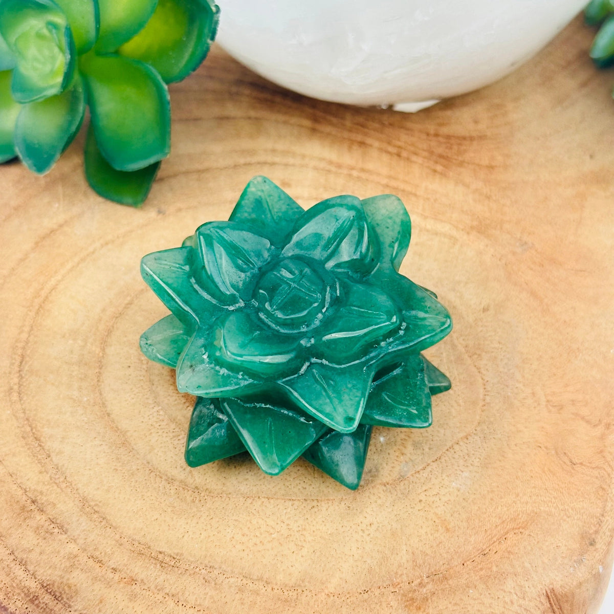 Teal crystal succulent with layered leaves on a wooden surface.