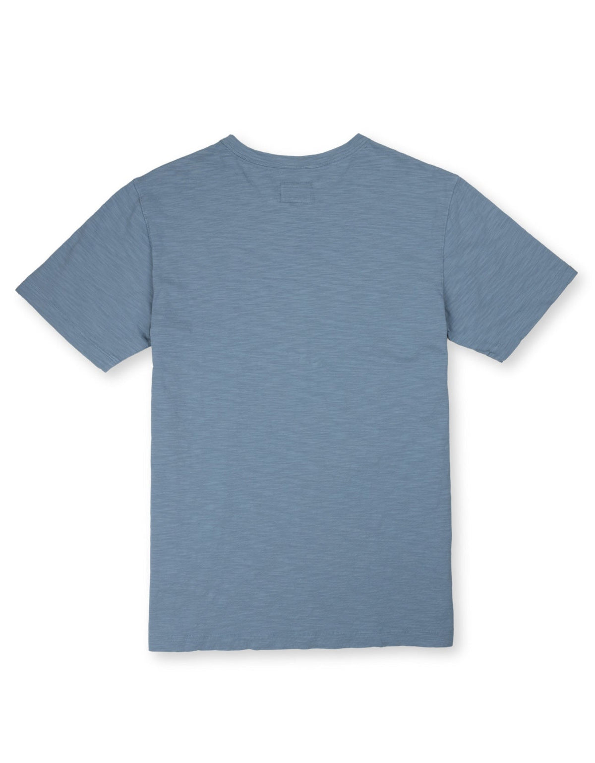 Back view of light blue Slub Pima Pocket Tee laid flat to show neckline and sleeve shape.