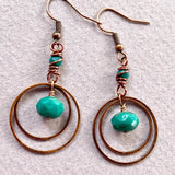 Turquoise Saturn Copper Hoop Earrings with nested copper circles and turquoise beads.