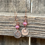 Copper Venus drop earrings with pink faceted beads and hammered copper discs.