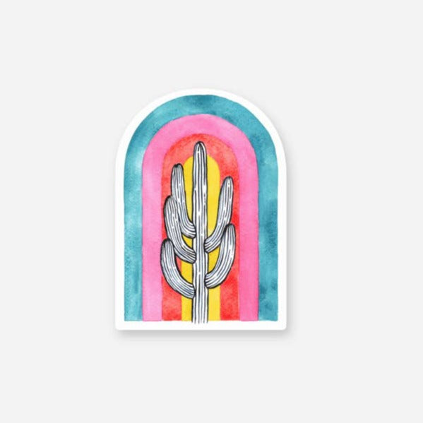 Rainbow Saguaro sticker showing a white cactus against pink yellow teal rainbow arches.
