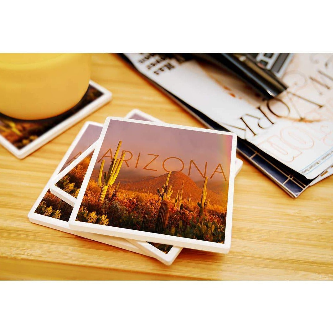 Arizona Saguaro Cactus & Rainbow Photograph Coaster