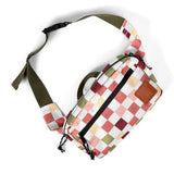 Everyday Fanny Pack in checkers pattern with olive strap and front zip pocket