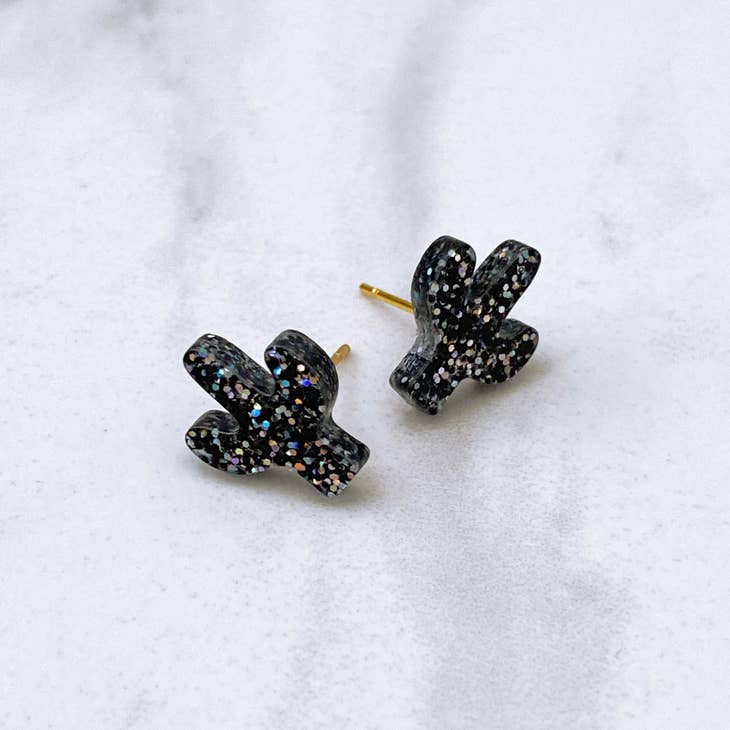 Black glitter cactus stud earrings with gold posts