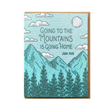 Blue teal mountains greeting card featuring sun, clouds and pine trees with the Going to the Mountains quote