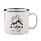 White ceramic mug with a dark rim featuring The Breweries are calling design