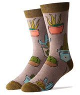 Cactus Hugs men's socks in tan with green cacti in pots and brown toe and heel.