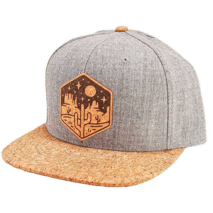 Moonlit Mesa Cork Flatbrim hat with gray crown and cork brim featuring a desert night landscape patch on the front