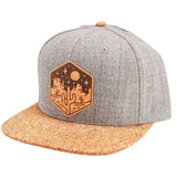 Moonlit Mesa Cork Flatbrim hat with gray crown and cork brim featuring a desert night landscape patch on the front