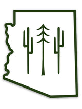 Arizona Wilderness Sticker depicting the state silhouette with two cacti and a central pine tree