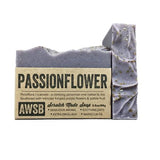 Purple passionflower soap bar with a brown kraft label reading PASSIONFLOWER