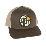 Blooming Saguaro Curved Trucker in Khaki with dark front panel and beige mesh, cactus sun patch on front