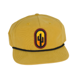 Mustard yellow unstructured hat with cactus patch and black rope trim