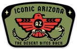 Iconic Arizona Desert Bites Back sticker with a red winged emblem and AZ in a circle on olive background