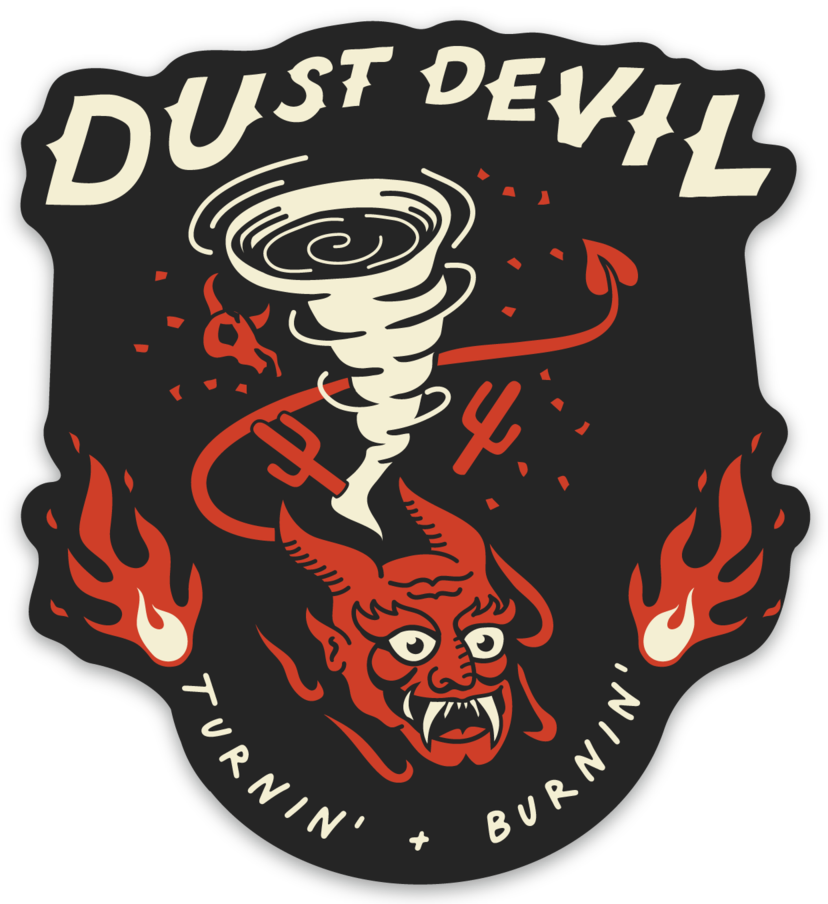 Dust Devil sticker with a red demon face, swirling tornado, and flames.