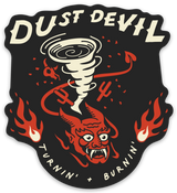 Dust Devil sticker with a red demon face, swirling tornado, and flames.