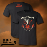 Back view of a black Iconic Arizona tee with an orange logo and swoosh on the upper back.