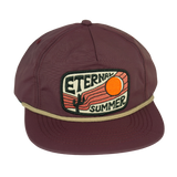 Maroon unstructured rope hat with beige rope band and an embroidered Eternal Summer patch.