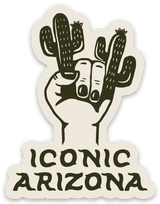 Cream sticker showing a hand making the rock on gesture among cacti with Iconic Arizona at the bottom.