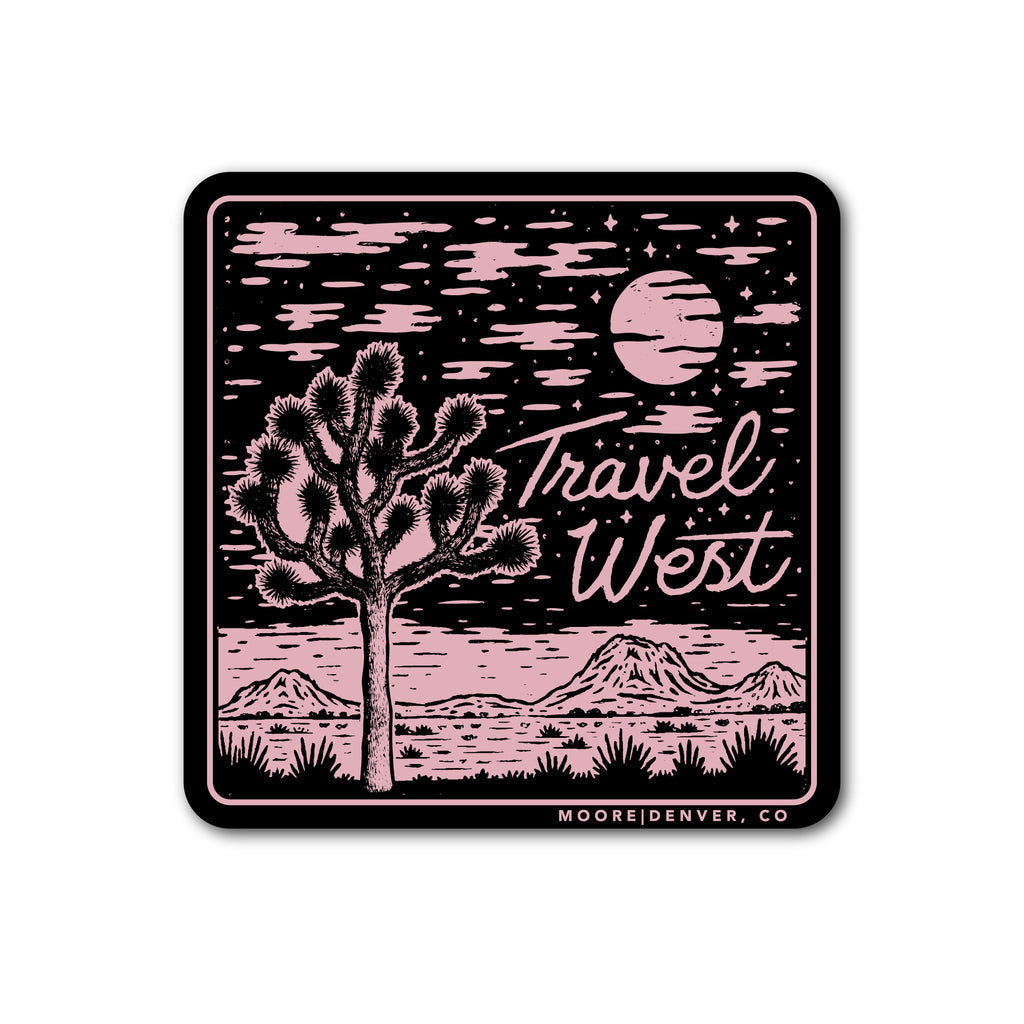 Travel West sticker featuring a desert scene with a cactus and moon in pink on a black background
