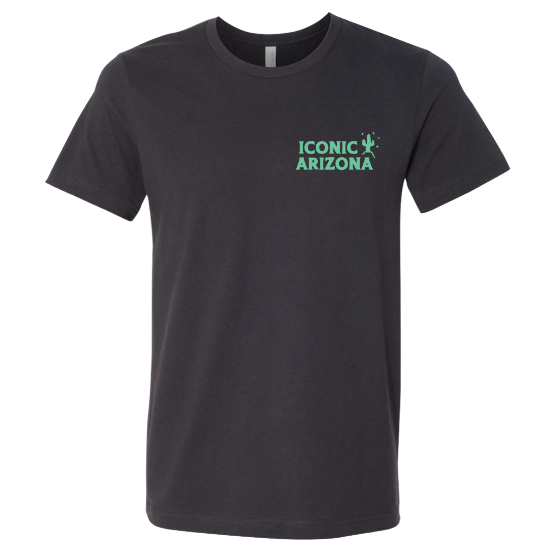 Front view of dark tee with mint green Iconic Arizona logo on the chest.