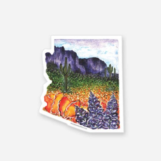 Desert landscape sticker featuring cacti, orange blooms, and purple distant cliffs.