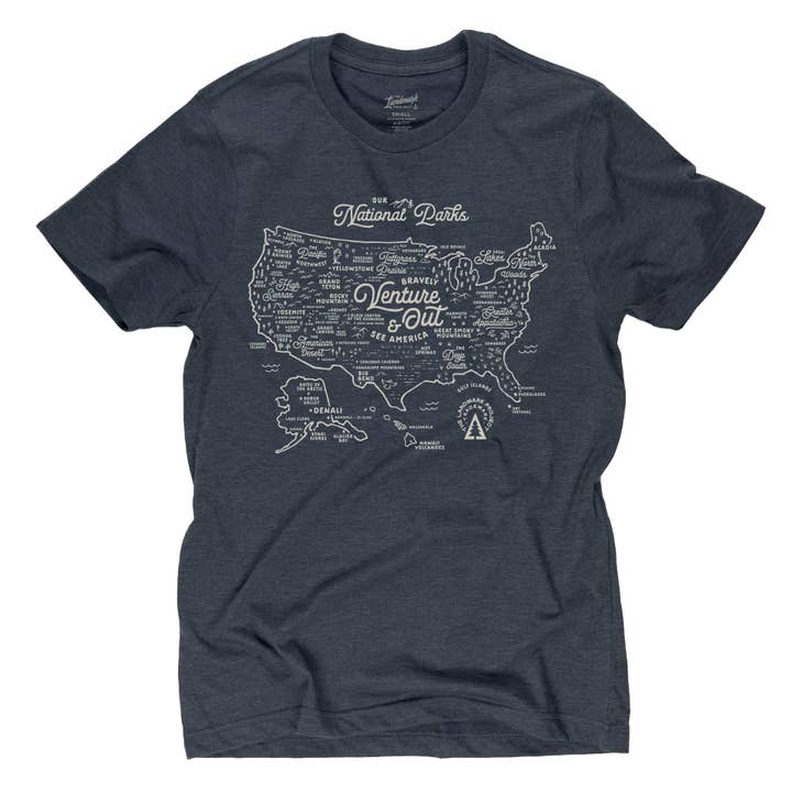 Deep navy National Parks Map Tee laid flat showing the white map design
