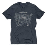 Deep navy National Parks Map Tee laid flat showing the white map design