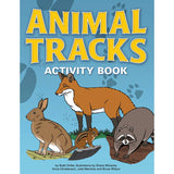 Cover of Animal Tracks Activity Book with illustrations of a fox, rabbit, squirrel and raccoon on a blue background