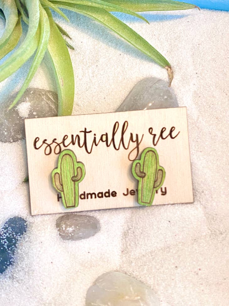 Wood Cactus Stud Earrings