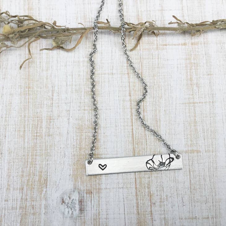 Poppy Flower and Heart Necklace