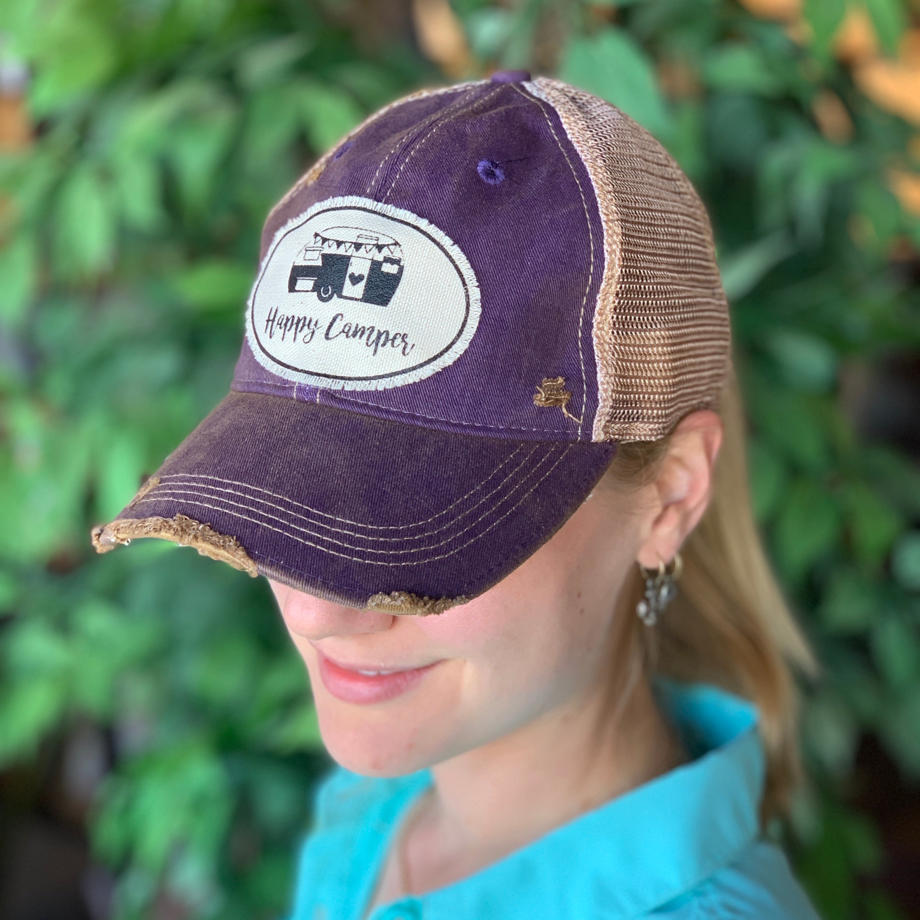 Happy Camper Vintage Distressed Trucker Hat - Amethyst