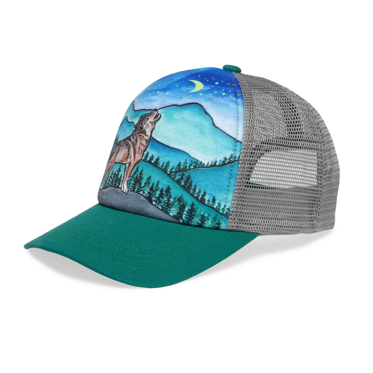 Kids' Lone Wolf trucker hat with a howling wolf under a starry night sky